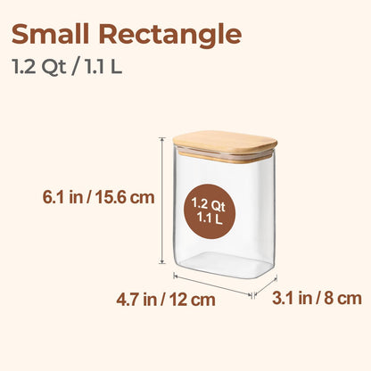 Glass Pantry Storage Containers (0.7qt/1.2qt/1.6qt) Set of 6 Jars | Glass Storage Containers with Lids, Rectangle Glass Canisters with Airtight Lids For Kitchen, Spices, Tea, Coffee, BPA Free