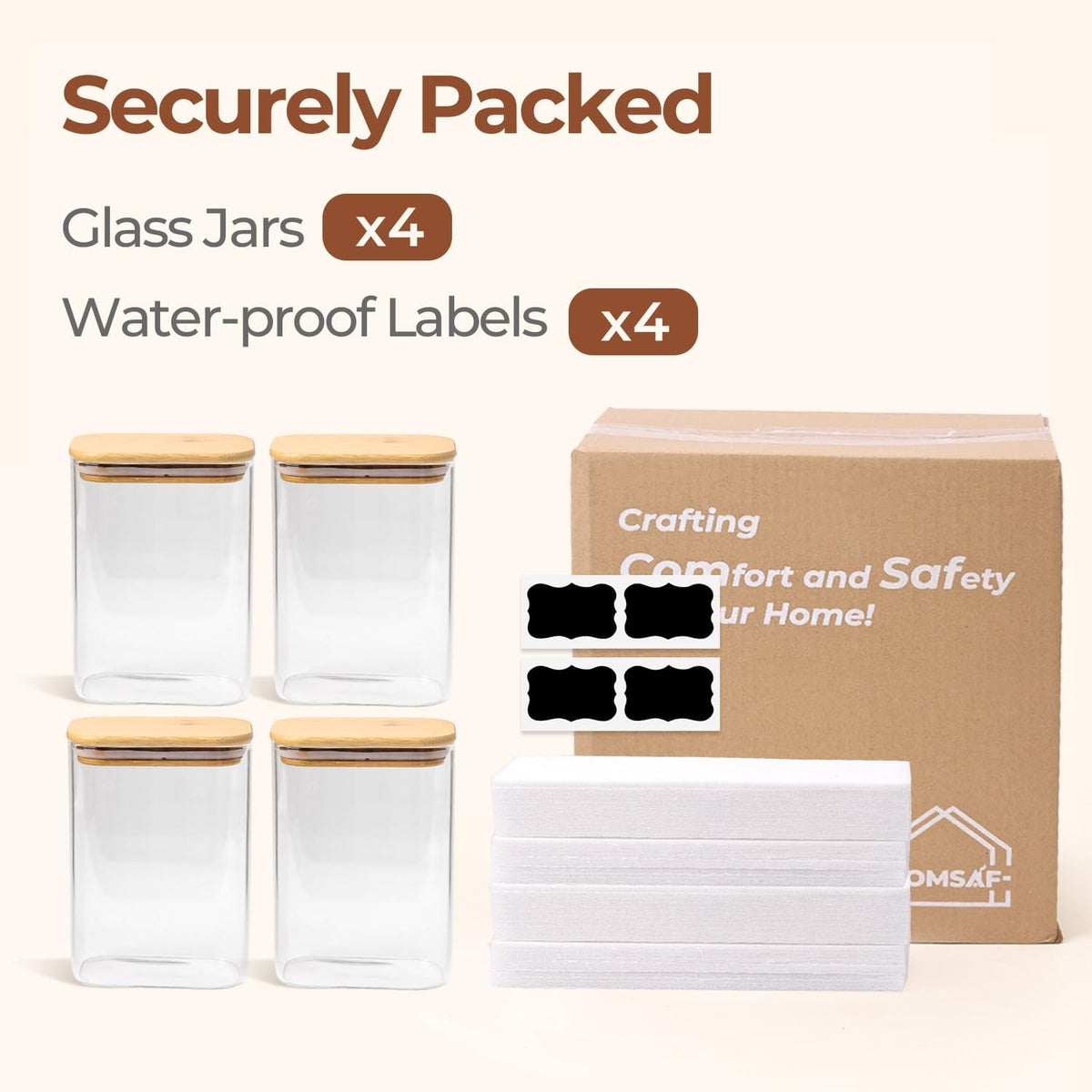 Glass Pantry Storage Containers (0.7qt/1.2qt/1.6qt) Set of 6 Jars | Glass Storage Containers with Lids, Rectangle Glass Canisters with Airtight Lids For Kitchen, Spices, Tea, Coffee, BPA Free