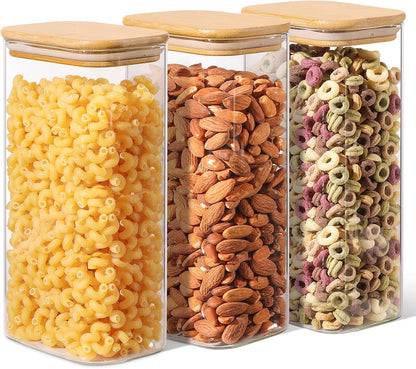 Glass Pantry Storage Containers (0.7qt/1.2qt/1.6qt) Set of 6 Jars | Glass Storage Containers with Lids, Rectangle Glass Canisters with Airtight Lids For Kitchen, Spices, Tea, Coffee, BPA Free