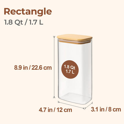 Glass Pantry Storage Containers (0.7qt/1.2qt/1.6qt) Set of 6 Jars | Glass Storage Containers with Lids, Rectangle Glass Canisters with Airtight Lids For Kitchen, Spices, Tea, Coffee, BPA Free