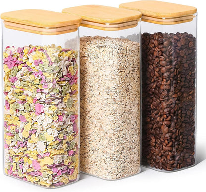 Glass Pantry Storage Containers (0.7qt/1.2qt/1.6qt) Set of 6 Jars | Glass Storage Containers with Lids, Rectangle Glass Canisters with Airtight Lids For Kitchen, Spices, Tea, Coffee, BPA Free