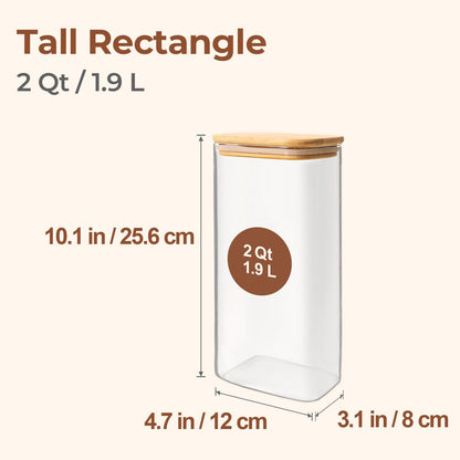 Glass Pantry Storage Containers (0.7qt/1.2qt/1.6qt) Set of 6 Jars | Glass Storage Containers with Lids, Rectangle Glass Canisters with Airtight Lids For Kitchen, Spices, Tea, Coffee, BPA Free