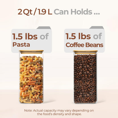 Glass Pantry Storage Containers (0.7qt/1.2qt/1.6qt) Set of 6 Jars | Glass Storage Containers with Lids, Rectangle Glass Canisters with Airtight Lids For Kitchen, Spices, Tea, Coffee, BPA Free