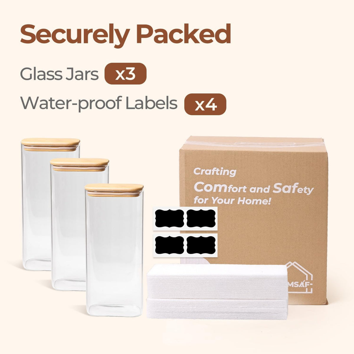 Glass Pantry Storage Containers (0.7qt/1.2qt/1.6qt) Set of 6 Jars | Glass Storage Containers with Lids, Rectangle Glass Canisters with Airtight Lids For Kitchen, Spices, Tea, Coffee, BPA Free
