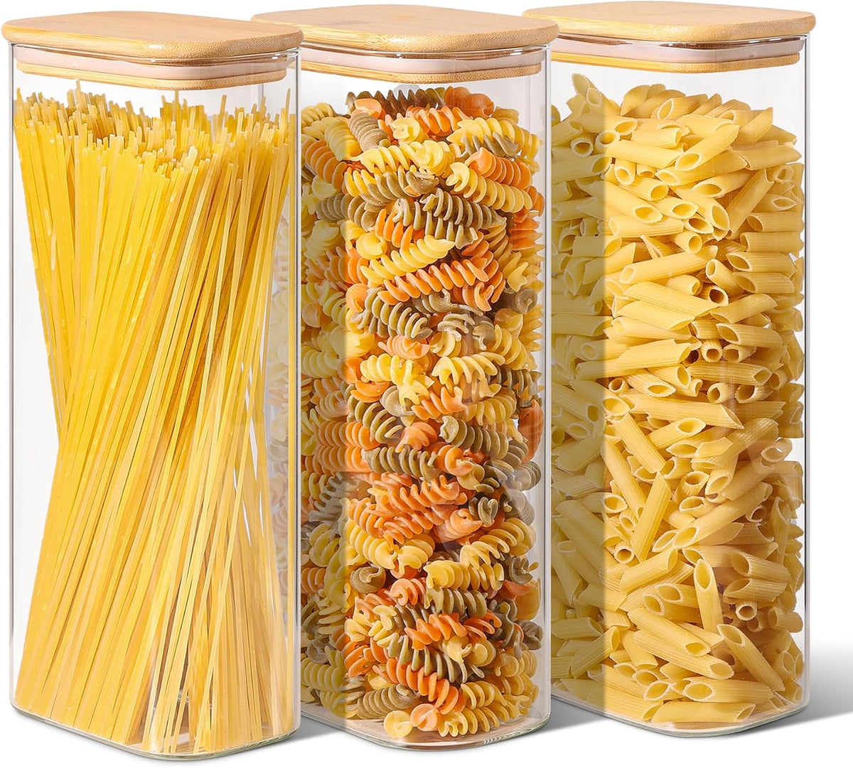 Glass Pantry Storage Containers (0.7qt/1.2qt/1.6qt) Set of 6 Jars | Glass Storage Containers with Lids, Rectangle Glass Canisters with Airtight Lids For Kitchen, Spices, Tea, Coffee, BPA Free