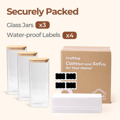 Glass Pantry Storage Containers (0.7qt/1.2qt/1.6qt) Set of 6 Jars | Glass Storage Containers with Lids, Rectangle Glass Canisters with Airtight Lids For Kitchen, Spices, Tea, Coffee, BPA Free