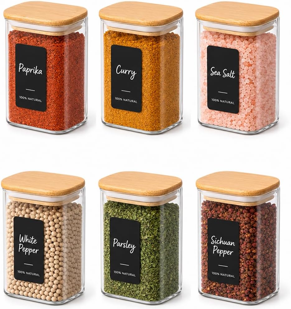 Glass Pantry Storage Containers (0.7qt/1.2qt/1.6qt) Set of 6 Jars | Glass Storage Containers with Lids, Rectangle Glass Canisters with Airtight Lids For Kitchen, Spices, Tea, Coffee, BPA Free