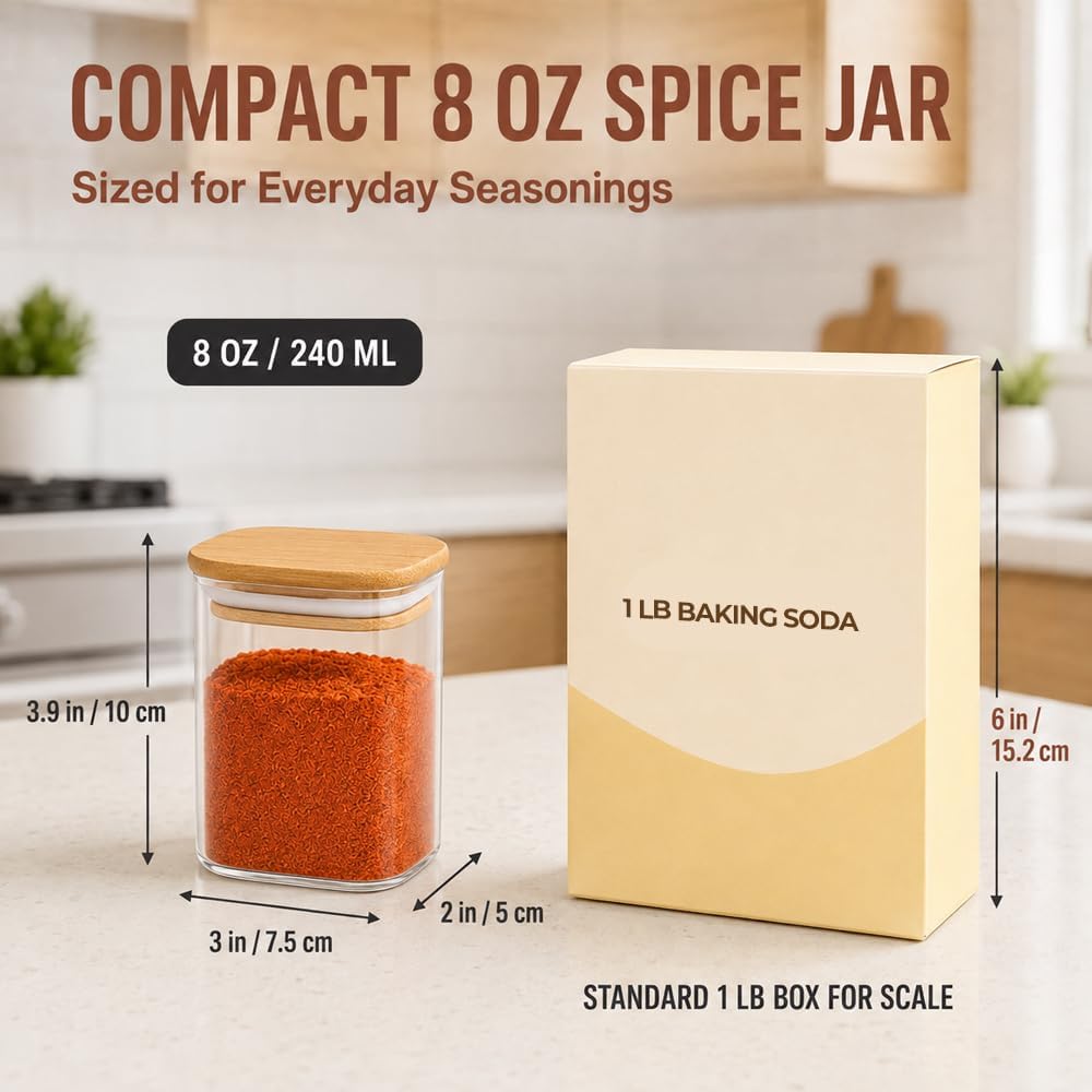 Glass Pantry Storage Containers (0.7qt/1.2qt/1.6qt) Set of 6 Jars | Glass Storage Containers with Lids, Rectangle Glass Canisters with Airtight Lids For Kitchen, Spices, Tea, Coffee, BPA Free