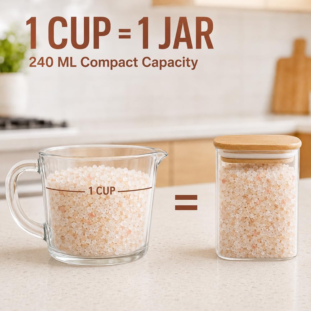 Glass Pantry Storage Containers (0.7qt/1.2qt/1.6qt) Set of 6 Jars | Glass Storage Containers with Lids, Rectangle Glass Canisters with Airtight Lids For Kitchen, Spices, Tea, Coffee, BPA Free
