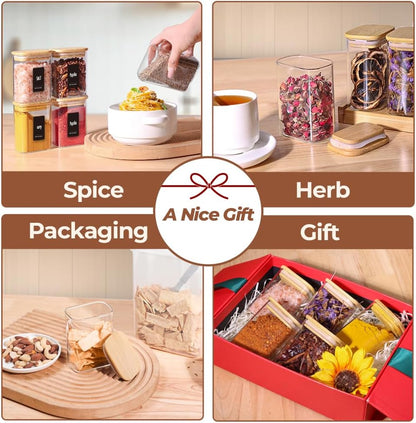 Glass Pantry Storage Containers (0.7qt/1.2qt/1.6qt) Set of 6 Jars | Glass Storage Containers with Lids, Rectangle Glass Canisters with Airtight Lids For Kitchen, Spices, Tea, Coffee, BPA Free