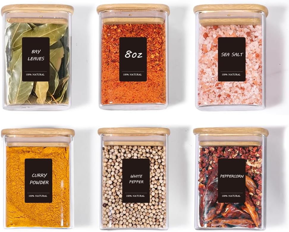 Glass Pantry Storage Containers (0.7qt/1.2qt/1.6qt) Set of 6 Jars | Glass Storage Containers with Lids, Rectangle Glass Canisters with Airtight Lids For Kitchen, Spices, Tea, Coffee, BPA Free
