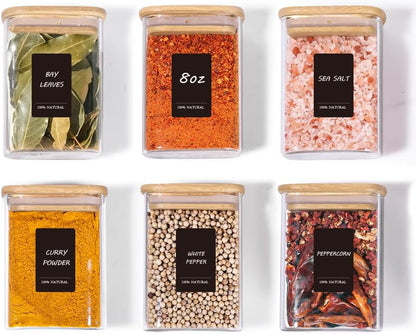 Glass Pantry Storage Containers (0.7qt/1.2qt/1.6qt) Set of 6 Jars | Glass Storage Containers with Lids, Rectangle Glass Canisters with Airtight Lids For Kitchen, Spices, Tea, Coffee, BPA Free
