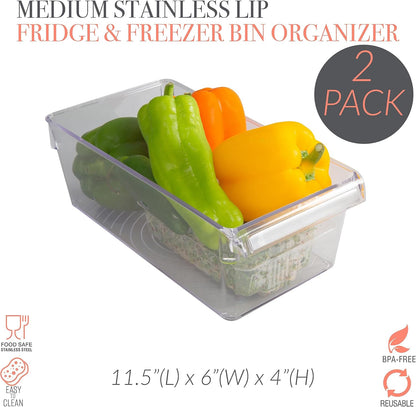 2 Pack Medium Refrigerator Storage Bin | Fridge & Freezer | Kitchen Organization | Stainless Steel Handle | Countertop | Cabinets | Pantry | Clear