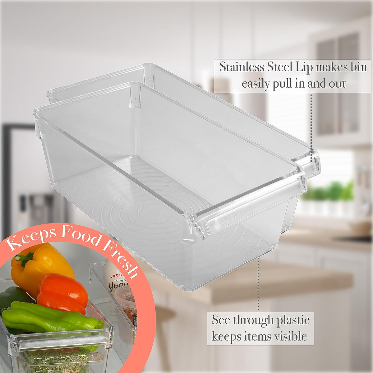 2 Pack Medium Refrigerator Storage Bin | Fridge & Freezer | Kitchen Organization | Stainless Steel Handle | Countertop | Cabinets | Pantry | Clear