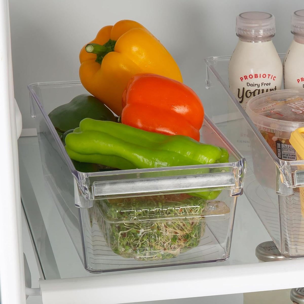 2 Pack Medium Refrigerator Storage Bin | Fridge & Freezer | Kitchen Organization | Stainless Steel Handle | Countertop | Cabinets | Pantry | Clear