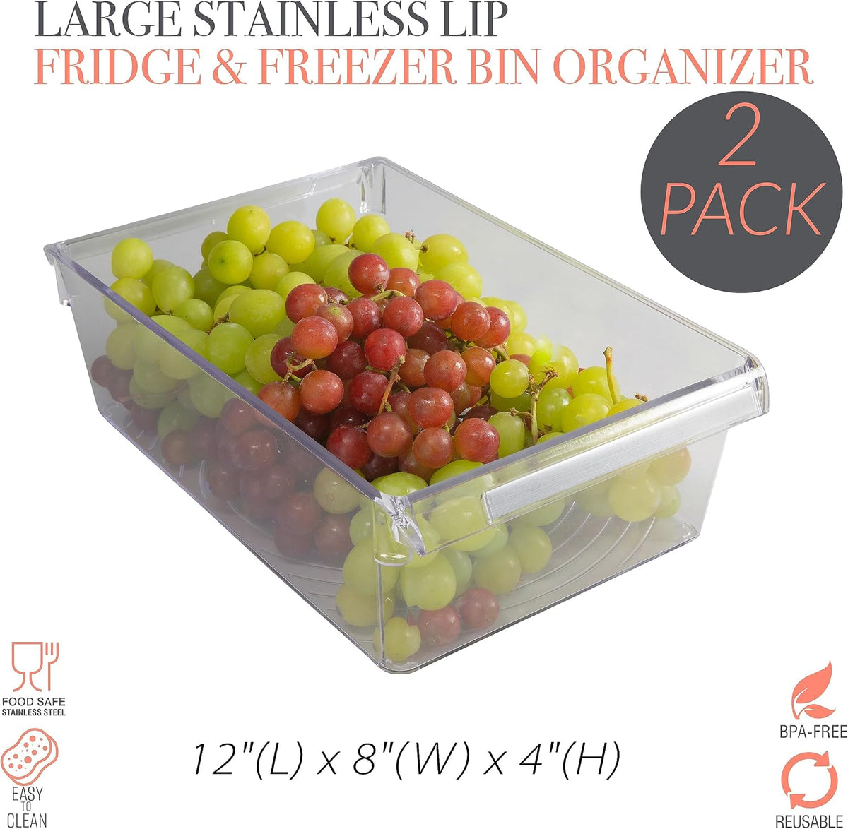 2 Pack Medium Refrigerator Storage Bin | Fridge & Freezer | Kitchen Organization | Stainless Steel Handle | Countertop | Cabinets | Pantry | Clear
