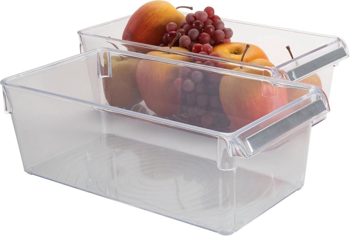 2 Pack Medium Refrigerator Storage Bin | Fridge & Freezer | Kitchen Organization | Stainless Steel Handle | Countertop | Cabinets | Pantry | Clear