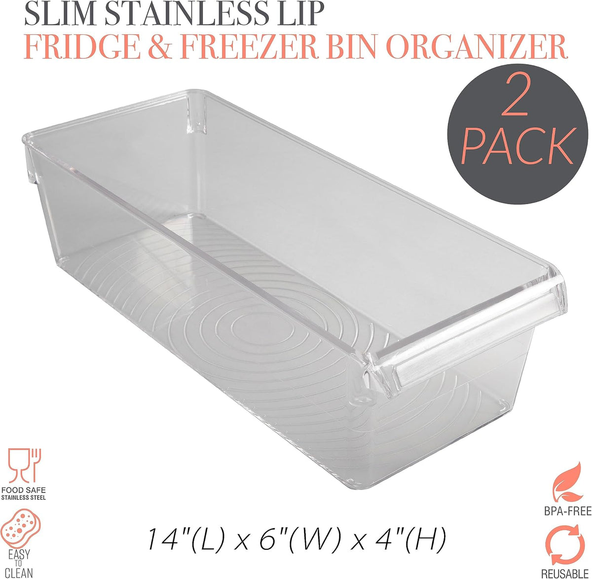 2 Pack Medium Refrigerator Storage Bin | Fridge & Freezer | Kitchen Organization | Stainless Steel Handle | Countertop | Cabinets | Pantry | Clear