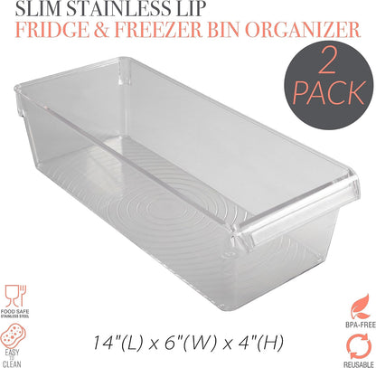 2 Pack Medium Refrigerator Storage Bin | Fridge & Freezer | Kitchen Organization | Stainless Steel Handle | Countertop | Cabinets | Pantry | Clear