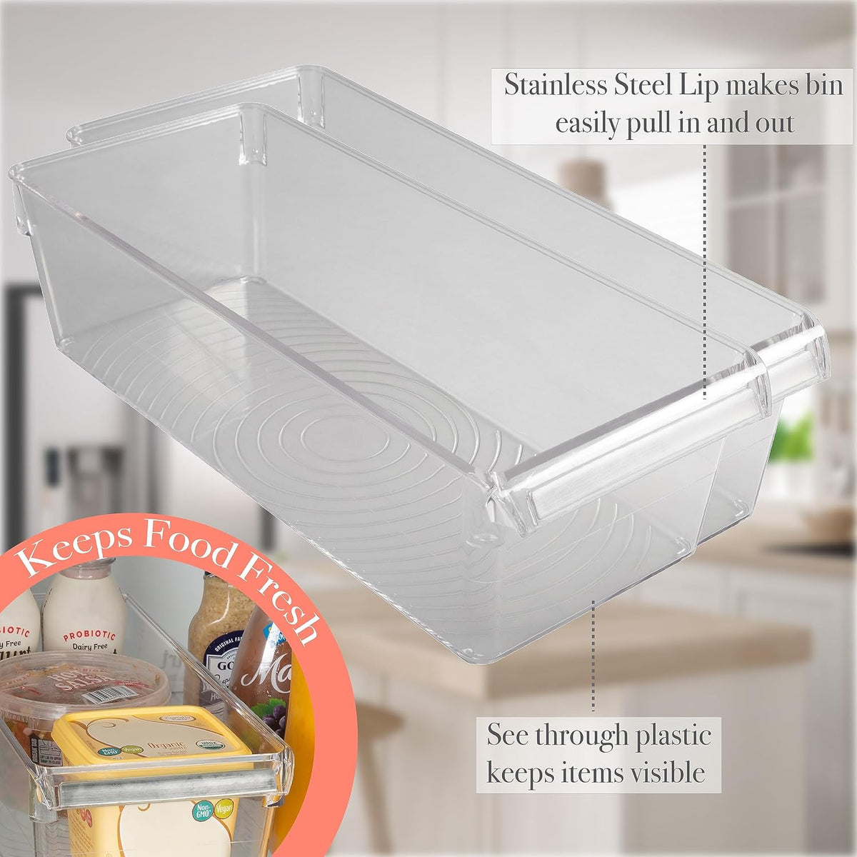 2 Pack Medium Refrigerator Storage Bin | Fridge & Freezer | Kitchen Organization | Stainless Steel Handle | Countertop | Cabinets | Pantry | Clear