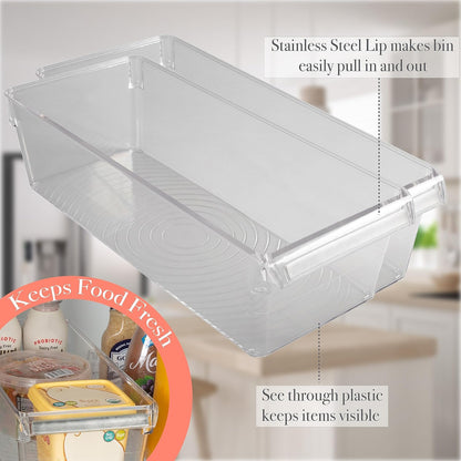 2 Pack Medium Refrigerator Storage Bin | Fridge & Freezer | Kitchen Organization | Stainless Steel Handle | Countertop | Cabinets | Pantry | Clear