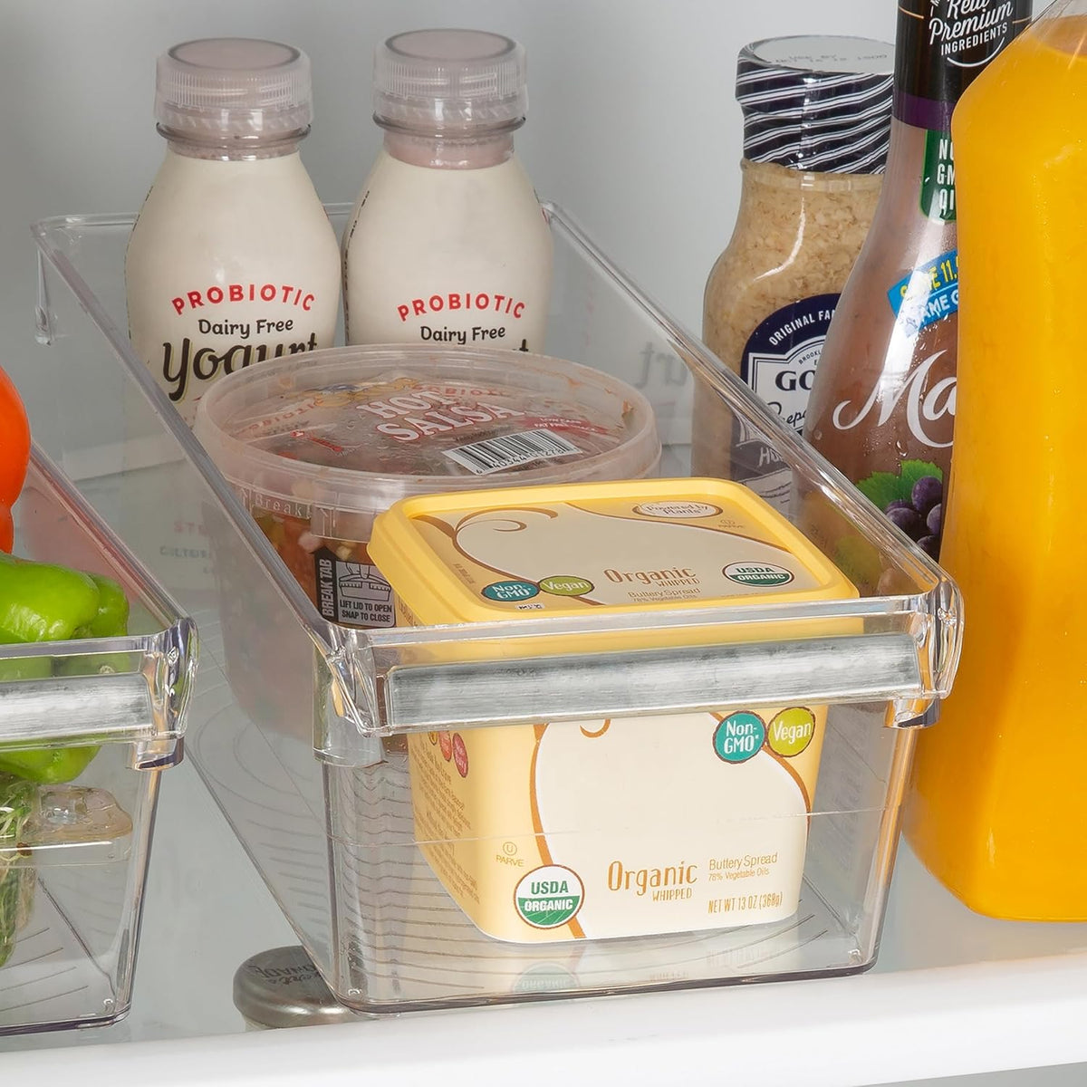 2 Pack Medium Refrigerator Storage Bin | Fridge & Freezer | Kitchen Organization | Stainless Steel Handle | Countertop | Cabinets | Pantry | Clear