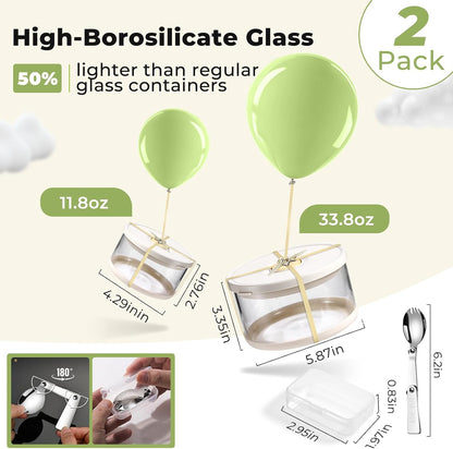 Glass Food Storage Containers with Airtight Lids, 33.8oz & 11.8oz High-Borosilicate Glass Meal Prep Containers with Spork, Bento Lunch Boxes for Salad, Ramen, Soup, Fruit - 2 Pack, White
