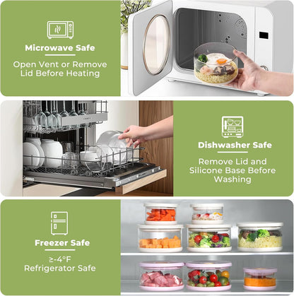 Glass Food Storage Containers with Airtight Lids, 33.8oz & 11.8oz High-Borosilicate Glass Meal Prep Containers with Spork, Bento Lunch Boxes for Salad, Ramen, Soup, Fruit - 2 Pack, White