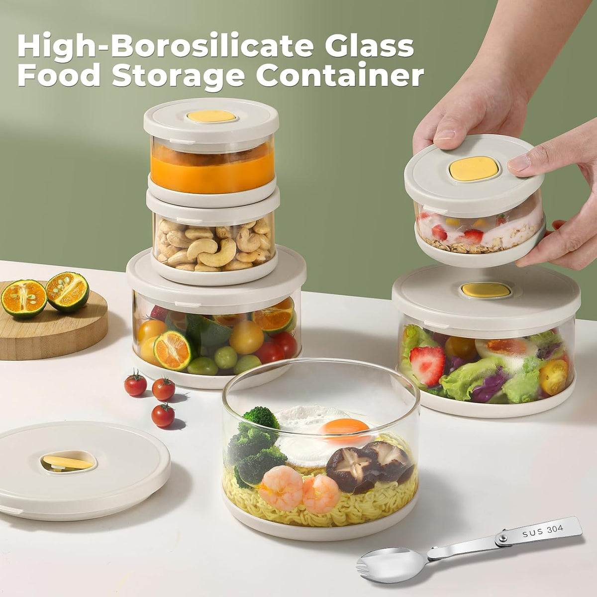 Glass Food Storage Containers with Airtight Lids, 33.8oz & 11.8oz High-Borosilicate Glass Meal Prep Containers with Spork, Bento Lunch Boxes for Salad, Ramen, Soup, Fruit - 2 Pack, White