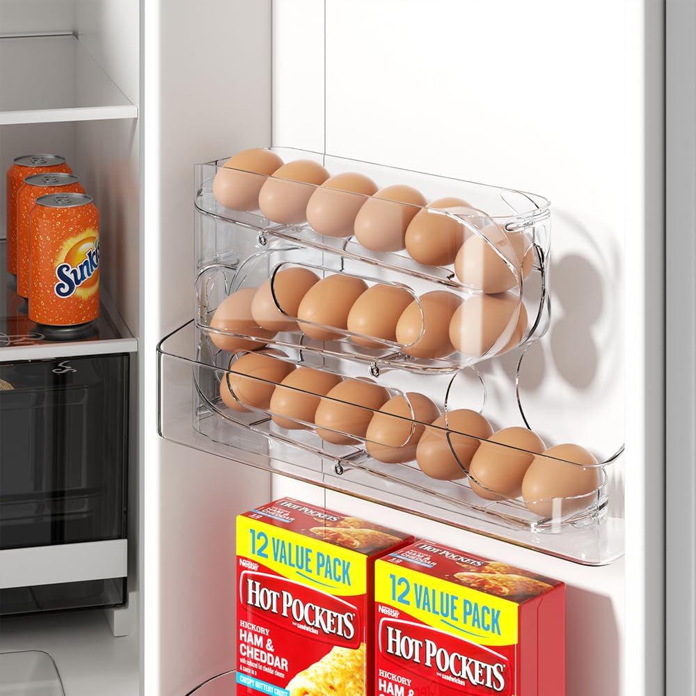 Clear FIFO Egg Holder for Fridge, Egg Dispenser for Eggs 18 Count | 1-Pack Automatic Rolling Egg Organizer for Refrigerator, Space-Saving Egg Roller/Container/Storage for Kitchen Countertop