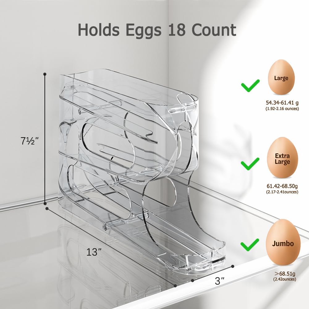 Clear FIFO Egg Holder for Fridge, Egg Dispenser for Eggs 18 Count | 1-Pack Automatic Rolling Egg Organizer for Refrigerator, Space-Saving Egg Roller/Container/Storage for Kitchen Countertop