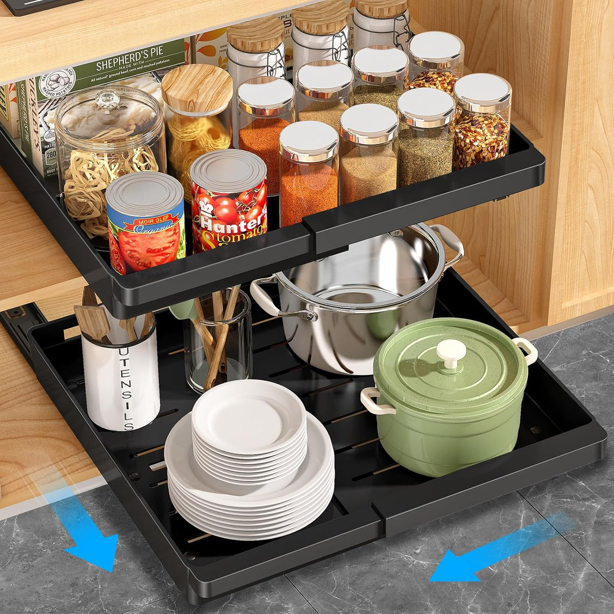 Pull Out Cabinet Organizers Expandable, Plastic Slide Out Drawers for Kitchen, Bathroom, Pantry, Under Sink Storage, Pull Out Drawers Fixed with Adhesive Nano Film (White, 11.6''-17.5'')