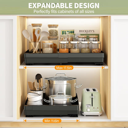Pull Out Cabinet Organizers Expandable, Plastic Slide Out Drawers for Kitchen, Bathroom, Pantry, Under Sink Storage, Pull Out Drawers Fixed with Adhesive Nano Film (White, 11.6''-17.5'')