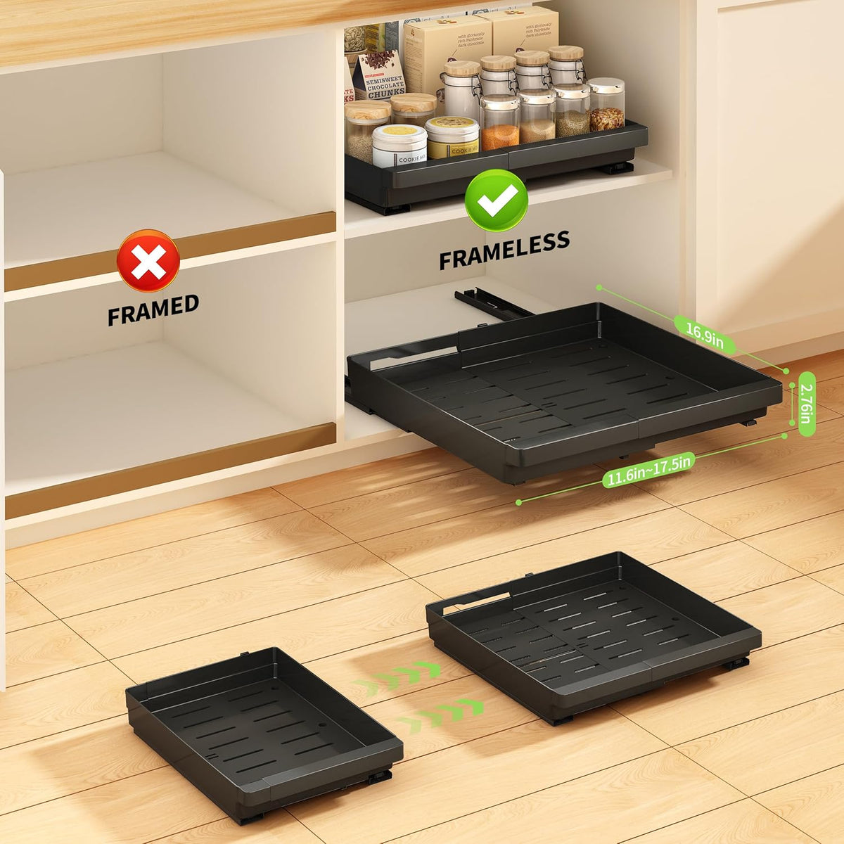 Pull Out Cabinet Organizers Expandable, Plastic Slide Out Drawers for Kitchen, Bathroom, Pantry, Under Sink Storage, Pull Out Drawers Fixed with Adhesive Nano Film (White, 11.6''-17.5'')