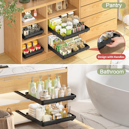 Pull Out Cabinet Organizers Expandable, Plastic Slide Out Drawers for Kitchen, Bathroom, Pantry, Under Sink Storage, Pull Out Drawers Fixed with Adhesive Nano Film (White, 11.6''-17.5'')
