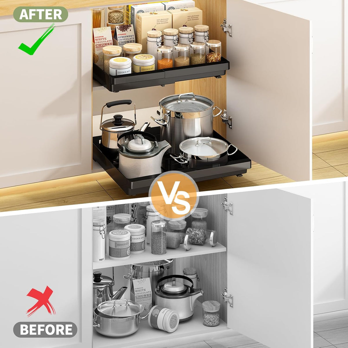 Pull Out Cabinet Organizers Expandable, Plastic Slide Out Drawers for Kitchen, Bathroom, Pantry, Under Sink Storage, Pull Out Drawers Fixed with Adhesive Nano Film (White, 11.6''-17.5'')