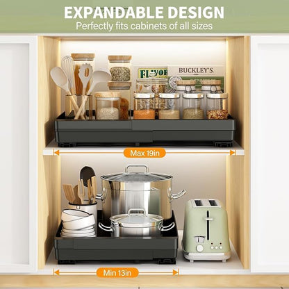 Pull Out Cabinet Organizers Expandable, Plastic Slide Out Drawers for Kitchen, Bathroom, Pantry, Under Sink Storage, Pull Out Drawers Fixed with Adhesive Nano Film (White, 11.6''-17.5'')