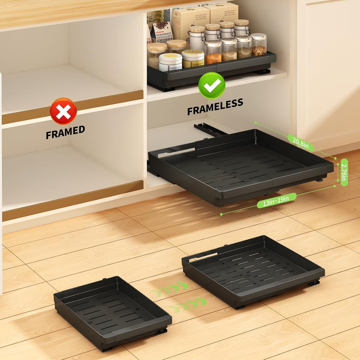 Pull Out Cabinet Organizers Expandable, Plastic Slide Out Drawers for Kitchen, Bathroom, Pantry, Under Sink Storage, Pull Out Drawers Fixed with Adhesive Nano Film (White, 11.6''-17.5'')