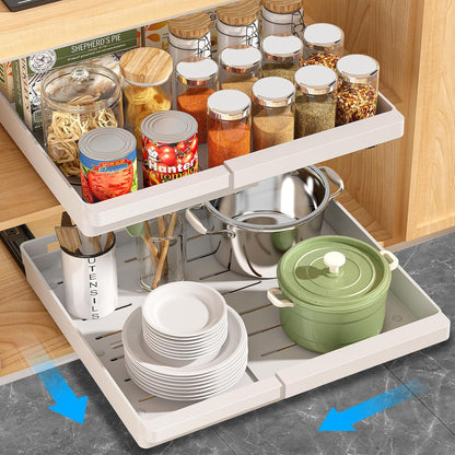 Pull Out Cabinet Organizers Expandable, Plastic Slide Out Drawers for Kitchen, Bathroom, Pantry, Under Sink Storage, Pull Out Drawers Fixed with Adhesive Nano Film (White, 11.6''-17.5'')