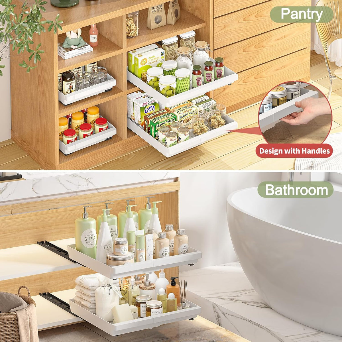 Pull Out Cabinet Organizers Expandable, Plastic Slide Out Drawers for Kitchen, Bathroom, Pantry, Under Sink Storage, Pull Out Drawers Fixed with Adhesive Nano Film (White, 11.6''-17.5'')