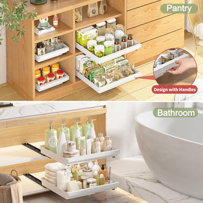 Pull Out Cabinet Organizers Expandable, Plastic Slide Out Drawers for Kitchen, Bathroom, Pantry, Under Sink Storage, Pull Out Drawers Fixed with Adhesive Nano Film (White, 11.6''-17.5'')