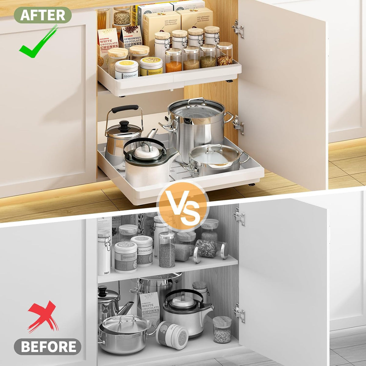 Pull Out Cabinet Organizers Expandable, Plastic Slide Out Drawers for Kitchen, Bathroom, Pantry, Under Sink Storage, Pull Out Drawers Fixed with Adhesive Nano Film (White, 11.6''-17.5'')