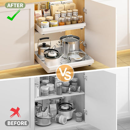 Pull Out Cabinet Organizers Expandable, Plastic Slide Out Drawers for Kitchen, Bathroom, Pantry, Under Sink Storage, Pull Out Drawers Fixed with Adhesive Nano Film (White, 11.6''-17.5'')