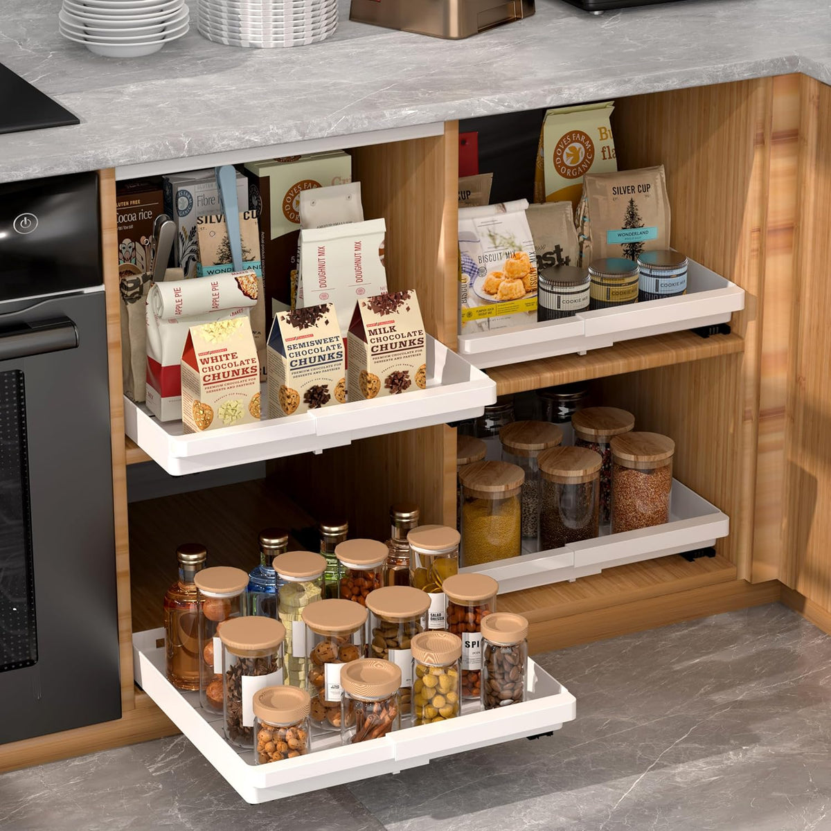 Pull Out Cabinet Organizers Expandable, Plastic Slide Out Drawers for Kitchen, Bathroom, Pantry, Under Sink Storage, Pull Out Drawers Fixed with Adhesive Nano Film (White, 11.6''-17.5'')