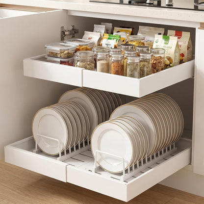Pull Out Cabinet Organizers Expandable, Plastic Slide Out Drawers for Kitchen, Bathroom, Pantry, Under Sink Storage, Pull Out Drawers Fixed with Adhesive Nano Film (White, 11.6''-17.5'')