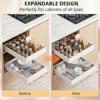 Pull Out Cabinet Organizers Expandable, Plastic Slide Out Drawers for Kitchen, Bathroom, Pantry, Under Sink Storage, Pull Out Drawers Fixed with Adhesive Nano Film (White, 11.6''-17.5'')