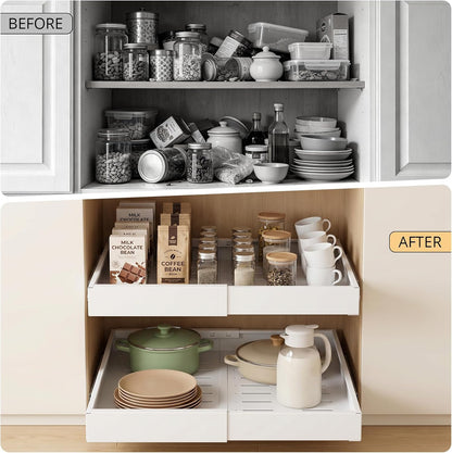 Pull Out Cabinet Organizers Expandable, Plastic Slide Out Drawers for Kitchen, Bathroom, Pantry, Under Sink Storage, Pull Out Drawers Fixed with Adhesive Nano Film (White, 11.6''-17.5'')