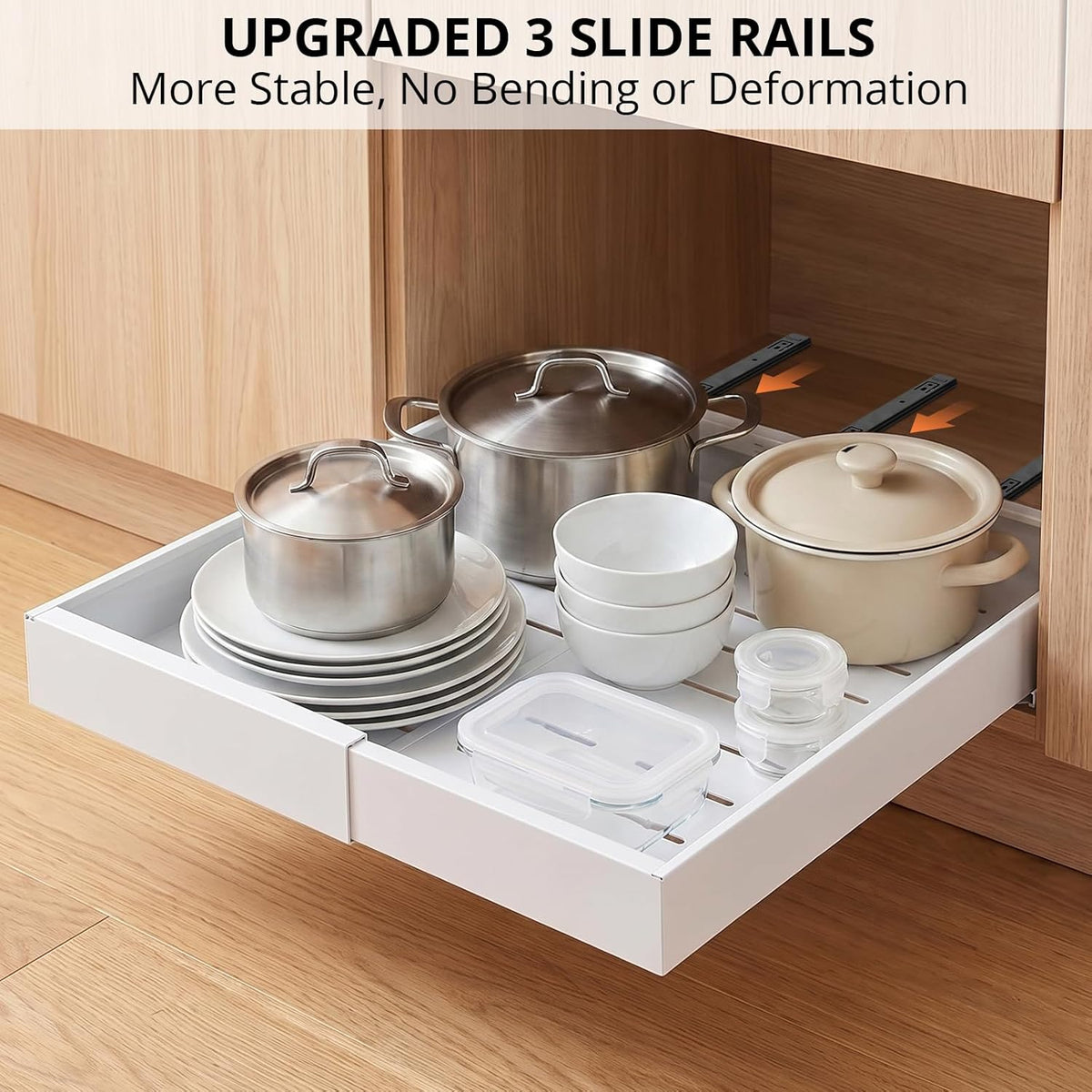 Pull Out Cabinet Organizers Expandable, Plastic Slide Out Drawers for Kitchen, Bathroom, Pantry, Under Sink Storage, Pull Out Drawers Fixed with Adhesive Nano Film (White, 11.6''-17.5'')