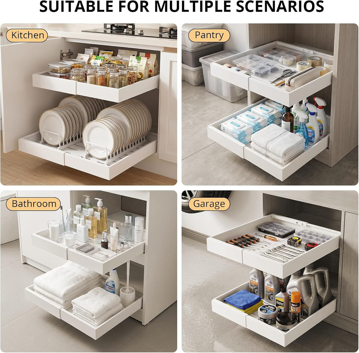 Pull Out Cabinet Organizers Expandable, Plastic Slide Out Drawers for Kitchen, Bathroom, Pantry, Under Sink Storage, Pull Out Drawers Fixed with Adhesive Nano Film (White, 11.6''-17.5'')