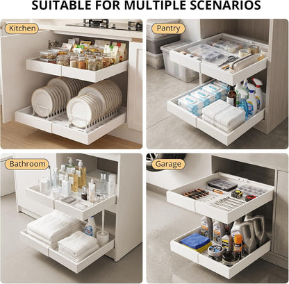 Pull Out Cabinet Organizers Expandable, Plastic Slide Out Drawers for Kitchen, Bathroom, Pantry, Under Sink Storage, Pull Out Drawers Fixed with Adhesive Nano Film (White, 11.6''-17.5'')